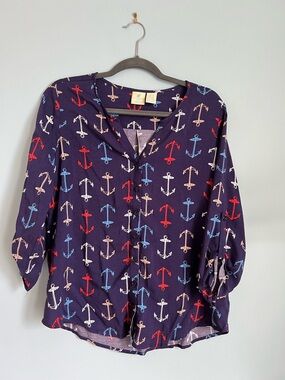Caribbean Joe Navy Anchor Print Button-Down Shirt